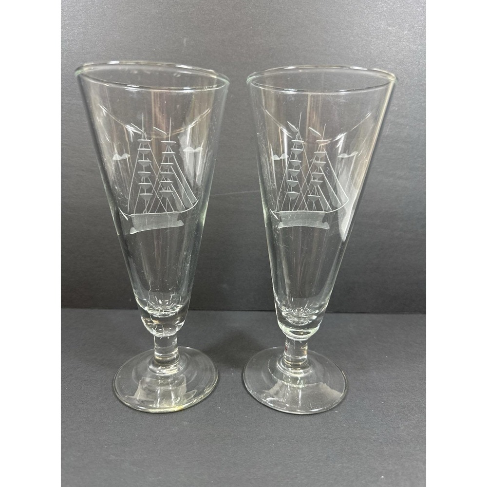 Javit Sailboat Pilsner Beer Glasses Etched‎ Nautical Clipper Schooner Ship 80's - Picture 6 of 9